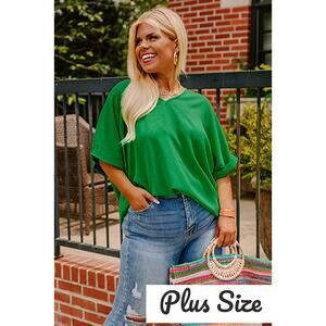 PLUS Size Green Seamed Back High Low Hem V Neck Cuffed Sleeve